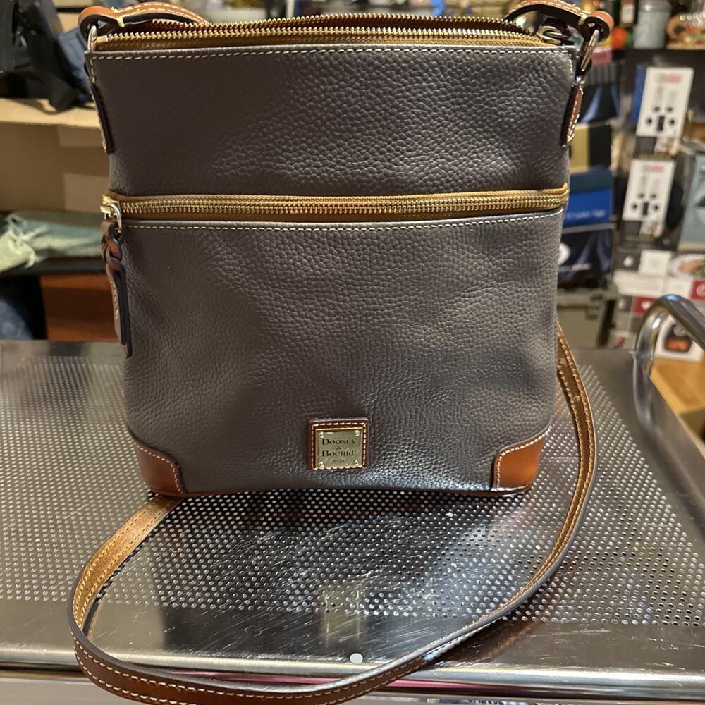 Dooney & Bourke tan Brown Pebbled Leather Letter Carrier Bag Crossbody Purse